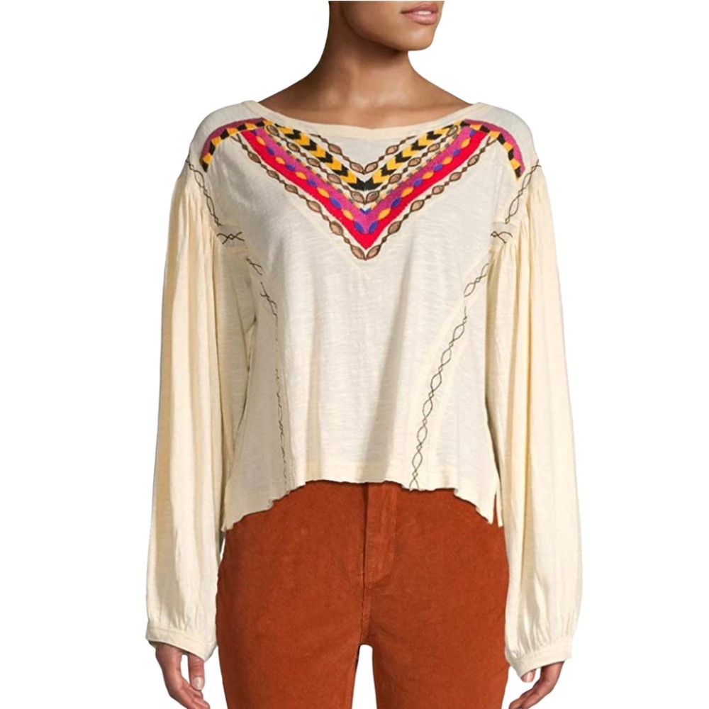 Free People Hand Me Down Embroidered Top Cropped Oversized Size XS